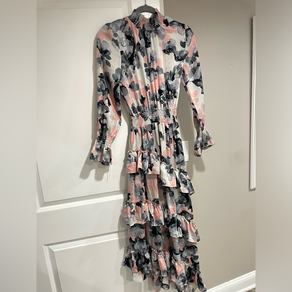Misa Floral Ruffle Asymmetrical Maxi Dress - Pink and Black